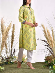 Green Cotton Printed Kurta