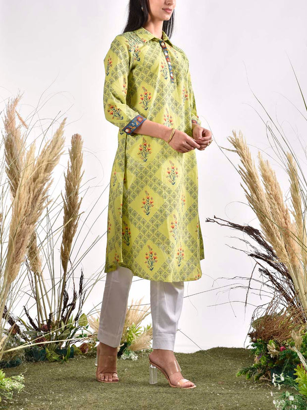 Green Cotton Printed Kurta