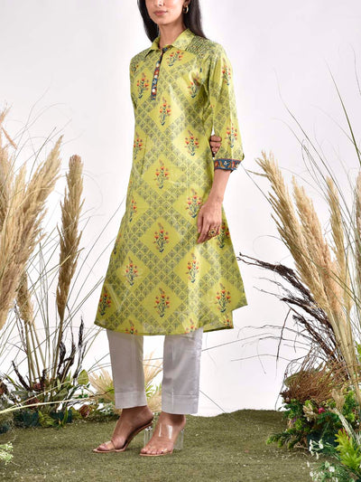 Green Cotton Printed Kurta