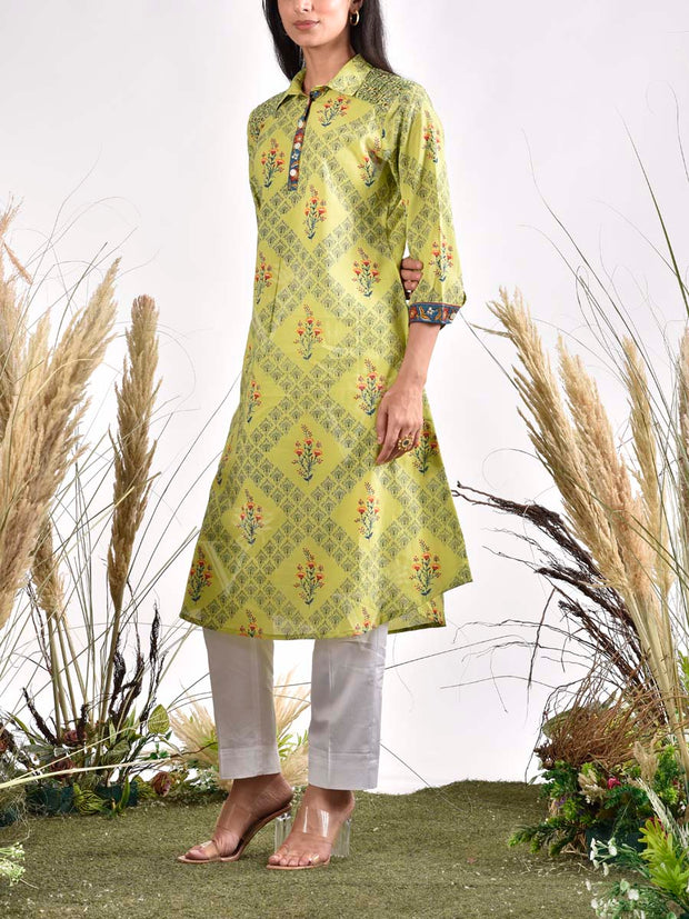 Green Cotton Printed Kurta