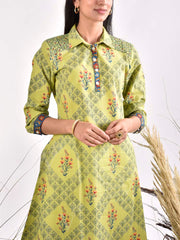 Green Cotton Printed Kurta