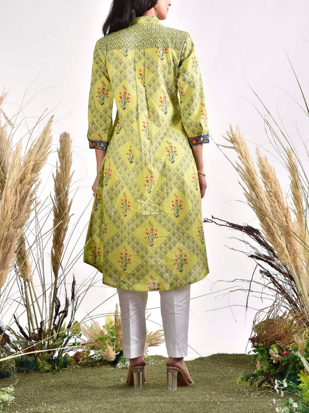 Green Cotton Printed Kurta