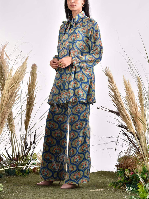 Blue Wrinkle Chiffon Printed Bustier and Pant Set