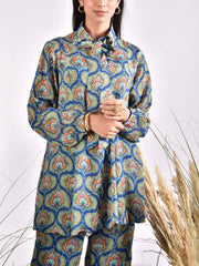 Blue Wrinkle Chiffon Printed Bustier and Pant Set