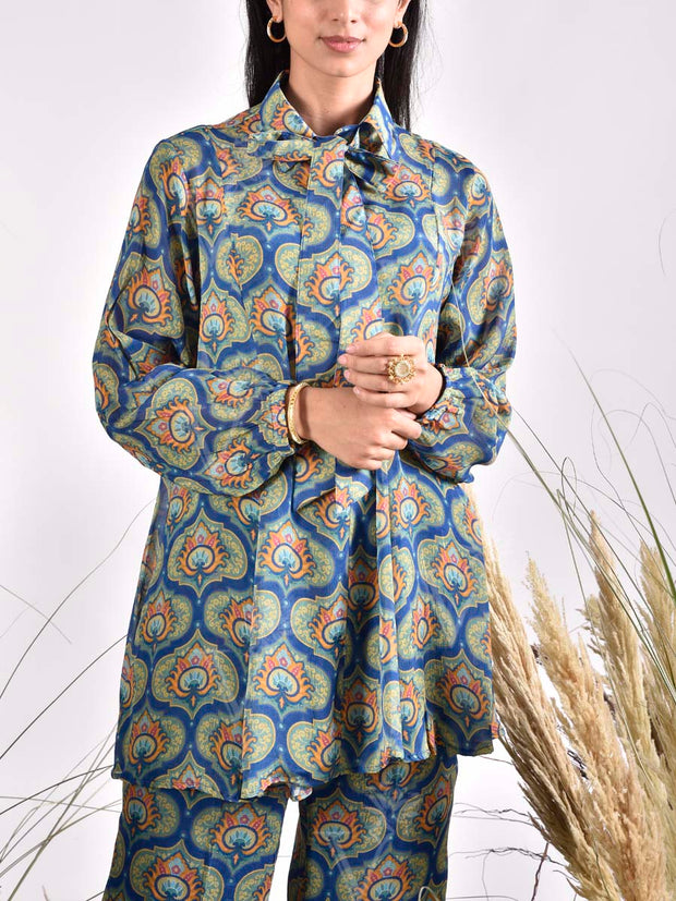 Blue Wrinkle Chiffon Printed Bustier and Pant Set