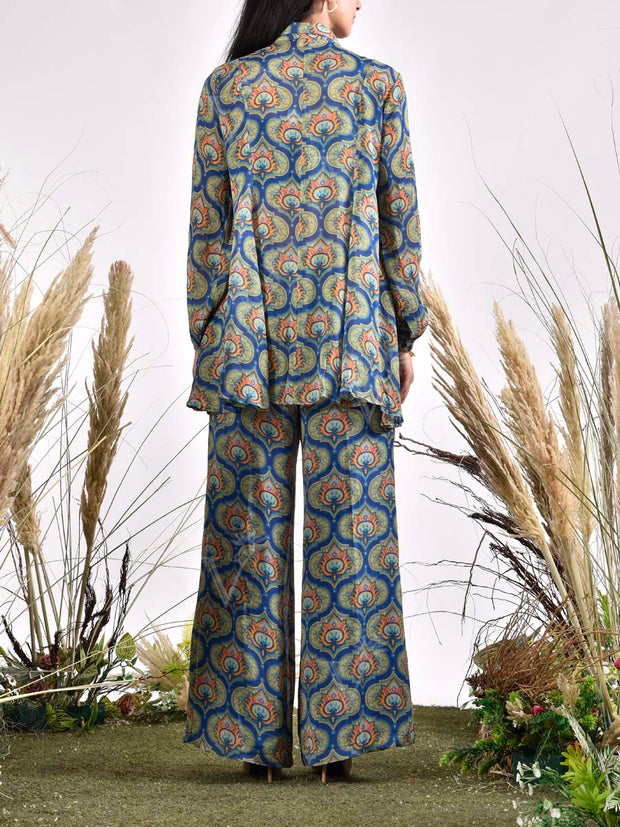Blue Wrinkle Chiffon Printed Bustier and Pant Set
