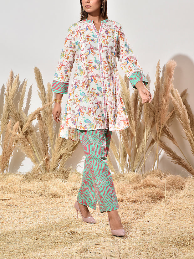 White and Green Cotton Printed Co Ord Set