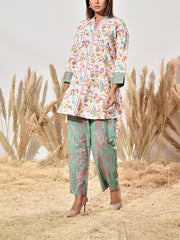 White and Green Cotton Printed Co Ord Set