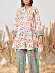 White and Green Cotton Printed Co Ord Set