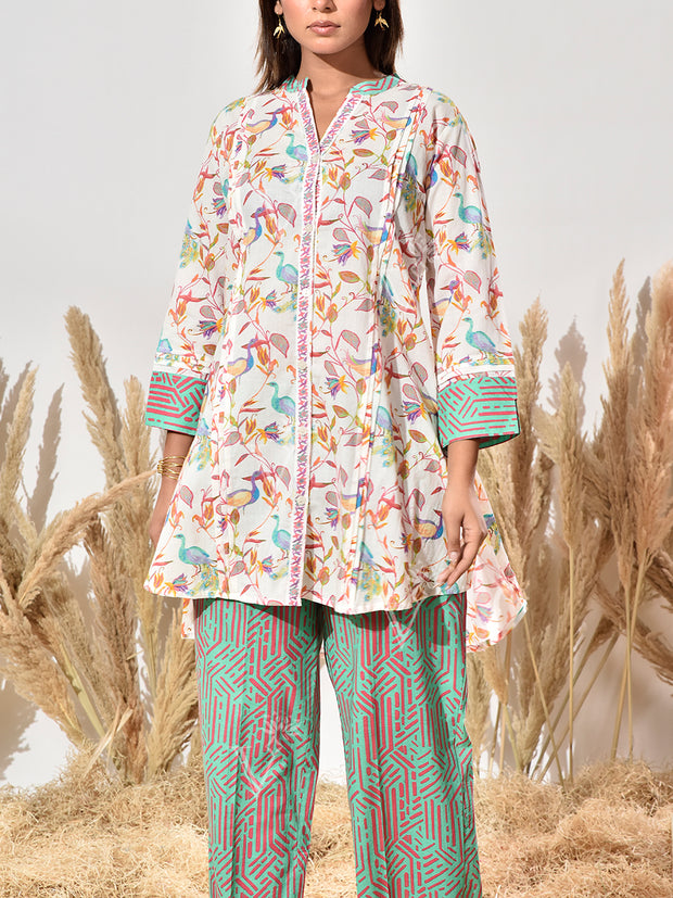 White and Green Cotton Printed Co Ord Set