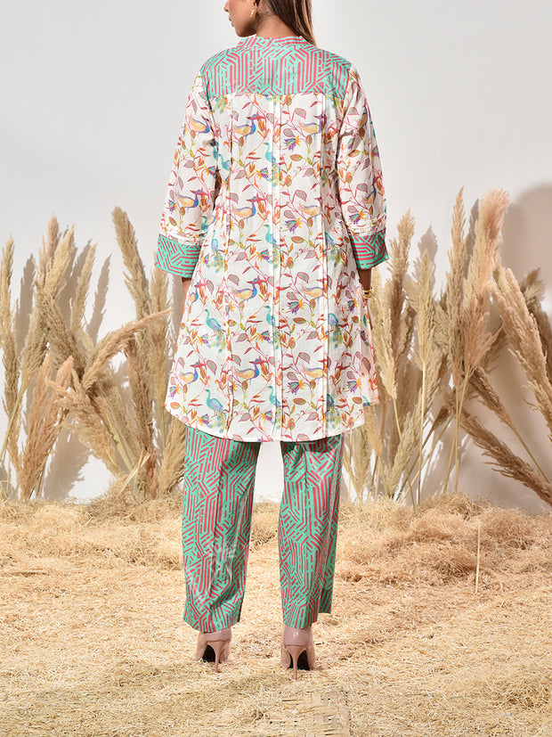 White and Green Cotton Printed Co Ord Set