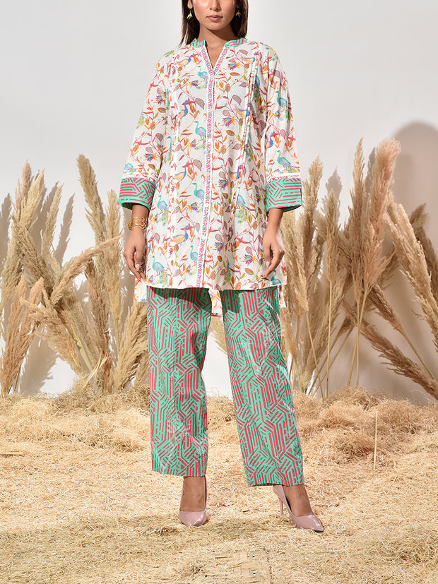 White and Green Cotton Printed Co Ord Set