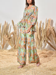 Green Silk Printed Co Ord Set