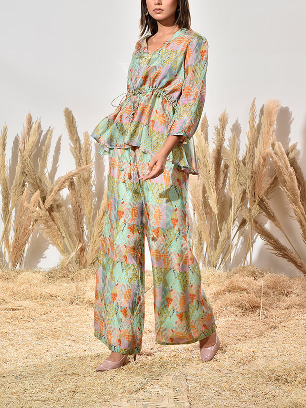 Green Silk Printed Co Ord Set