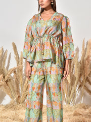 Green Silk Printed Co Ord Set