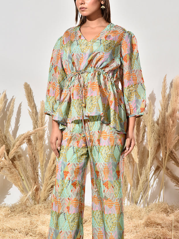 Green Silk Printed Co Ord Set