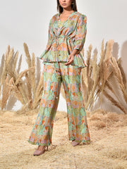 Green Silk Printed Co Ord Set