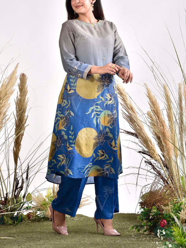 Blue and Grey Embroidered Vasansi Silk Printed Kurta and Pant set