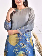 Blue and Grey Embroidered Vasansi Silk Printed Kurta and Pant set