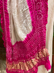 White and Pink Bandhani Zari Dupatta