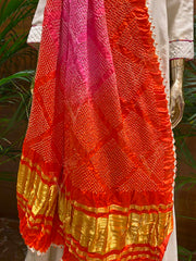 Orange and Pink Shaded Bandhani Zari Dupatta