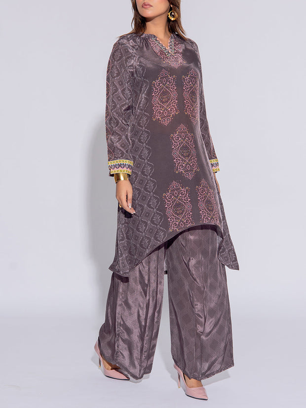 Grey Crepe Printed Kurta and Pant Set