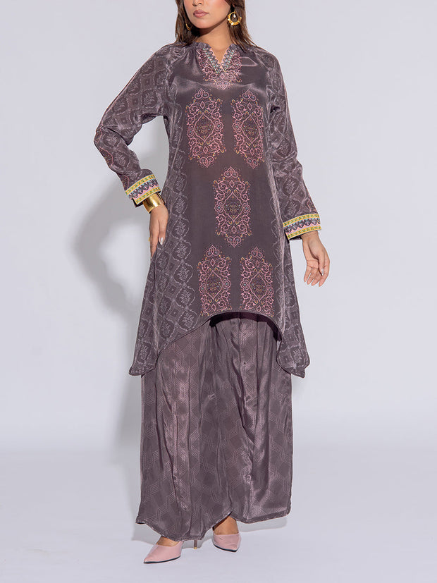 Grey Crepe Printed Kurta and Pant Set
