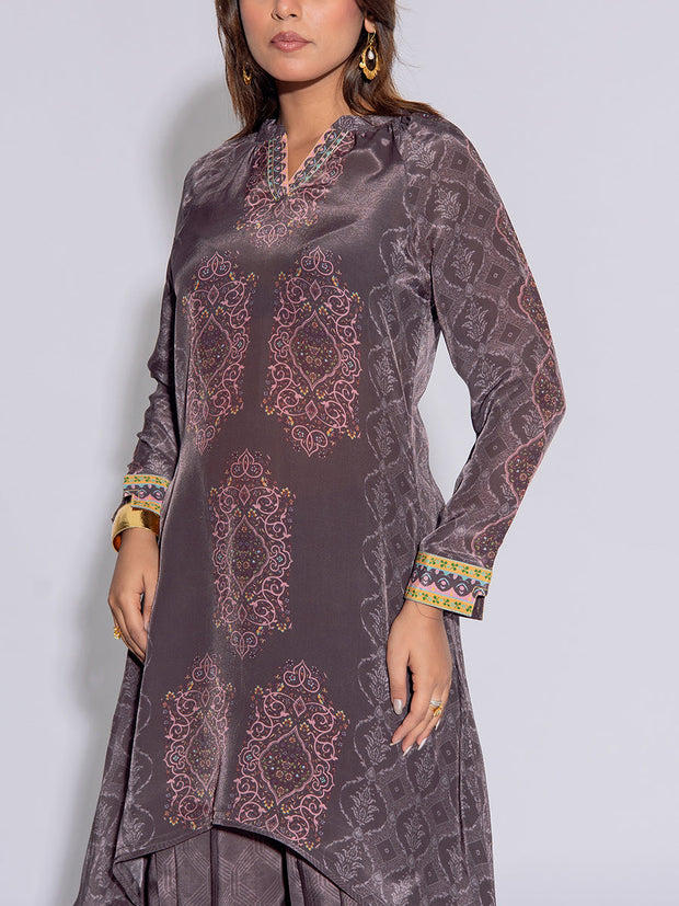 Grey Crepe Printed Kurta and Pant Set