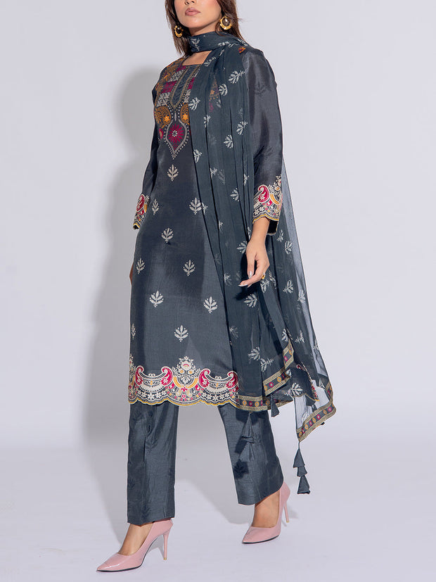 Dark Grey Vasansi Silk Suit Set