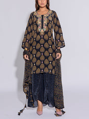 Black Crepe Printed Suit Set