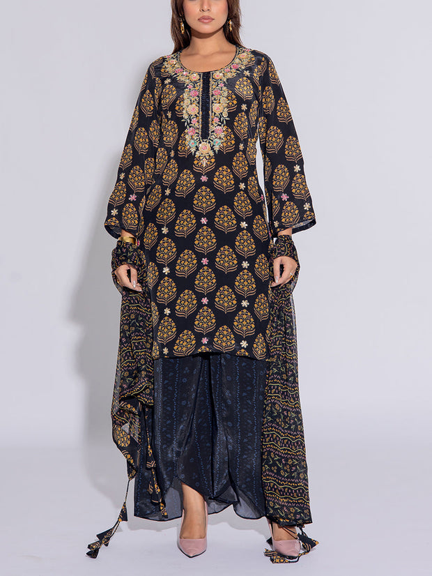 Black Crepe Printed Suit Set