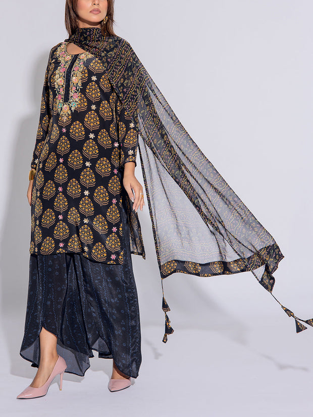 Black Crepe Printed Suit Set