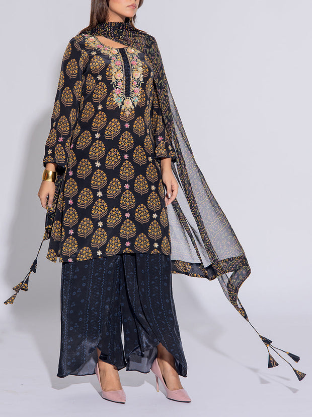 Black Crepe Printed Suit Set