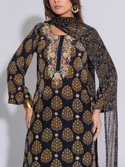 Black Crepe Printed Suit Set