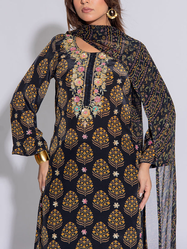 Black Crepe Printed Suit Set