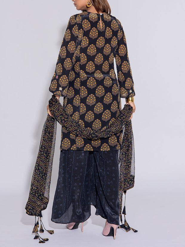 Black Crepe Printed Suit Set