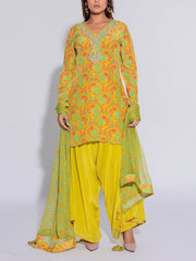 Yellow and Green Crepe Printed Suit Set