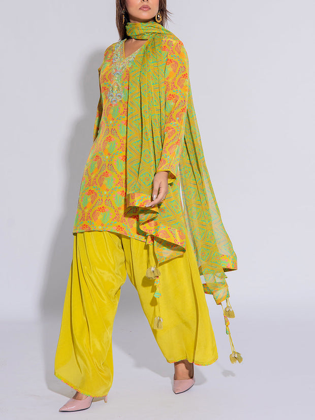 Yellow and Green Crepe Printed Suit Set