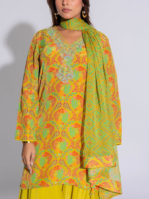 Yellow and Green Crepe Printed Suit Set