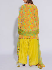 Yellow and Green Crepe Printed Suit Set