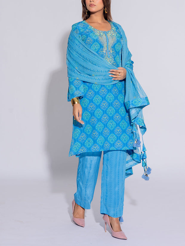 Blue Crepe Printed Suit Set