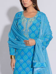 Blue Crepe Printed Suit Set