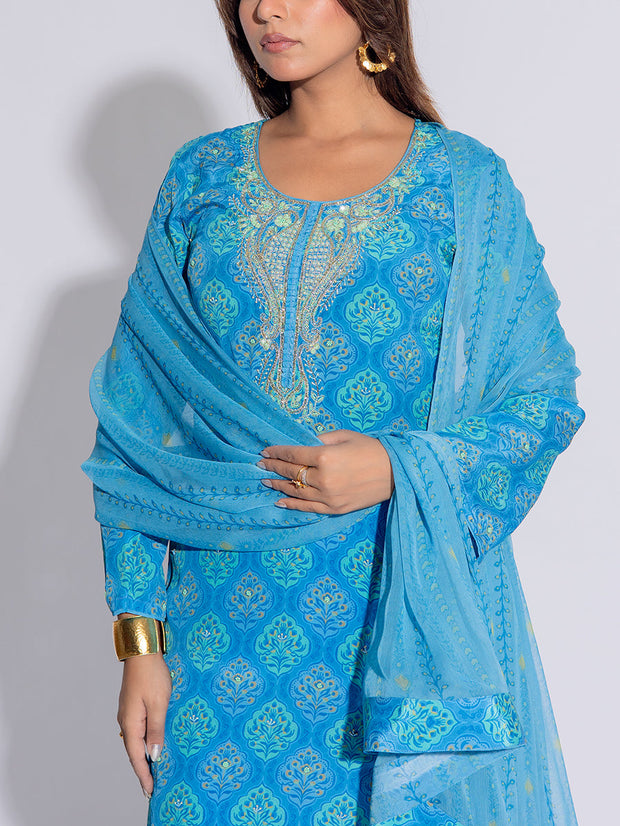 Blue Crepe Printed Suit Set