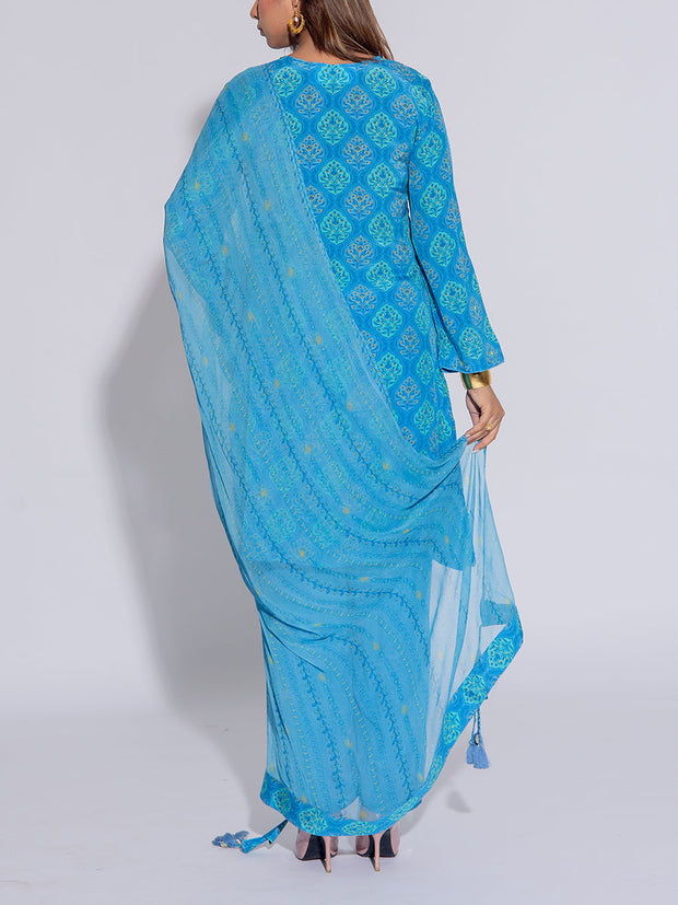 Blue Crepe Printed Suit Set
