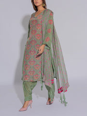 Olive Green Crepe Printed Suit Set