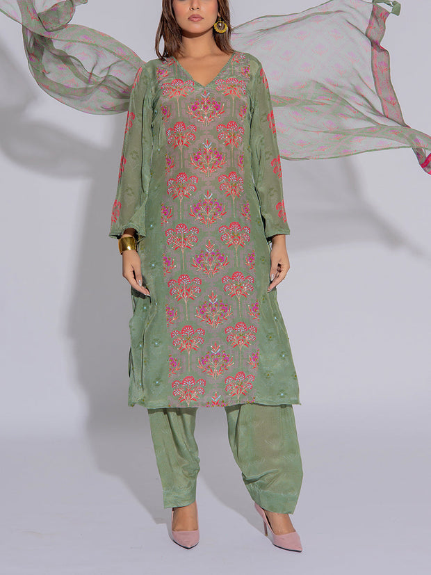 Olive Green Crepe Printed Suit Set