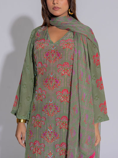 Olive Green Crepe Printed Suit Set