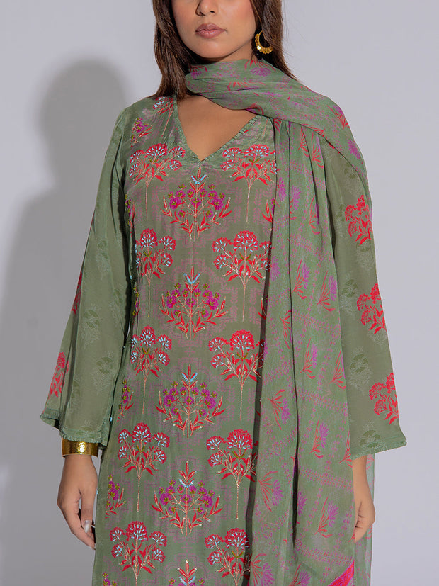 Olive Green Crepe Printed Suit Set