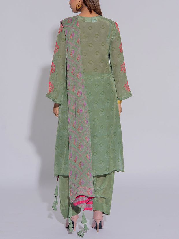 Olive Green Crepe Printed Suit Set