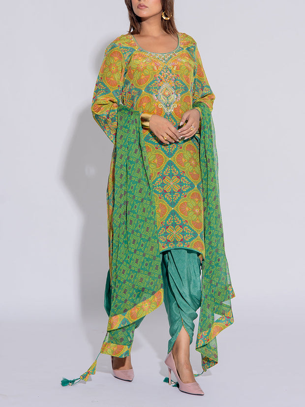 Green and Turquoise Blue Printed Crepe Suit Set